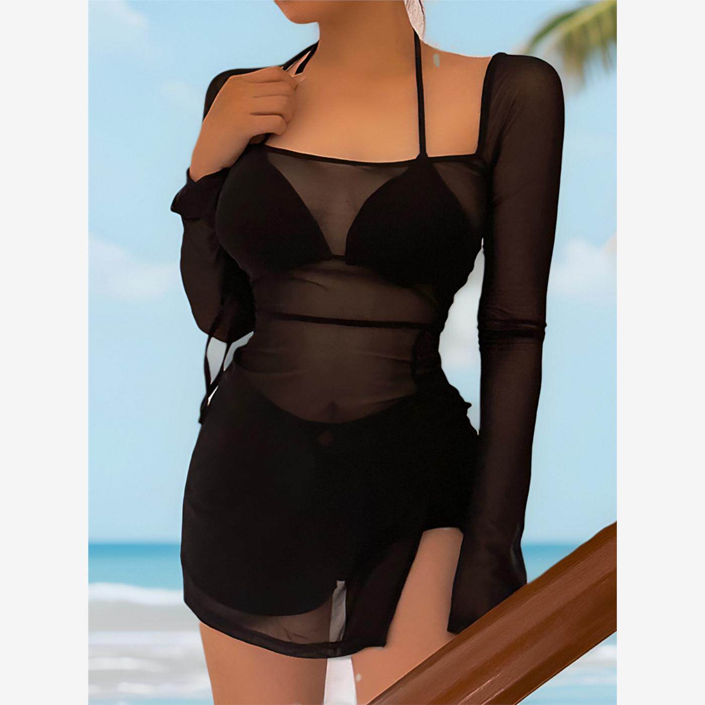 欧美性感温泉透视网纱开叉系带长袖连衣裙度假沙滩比基尼罩衫泳装