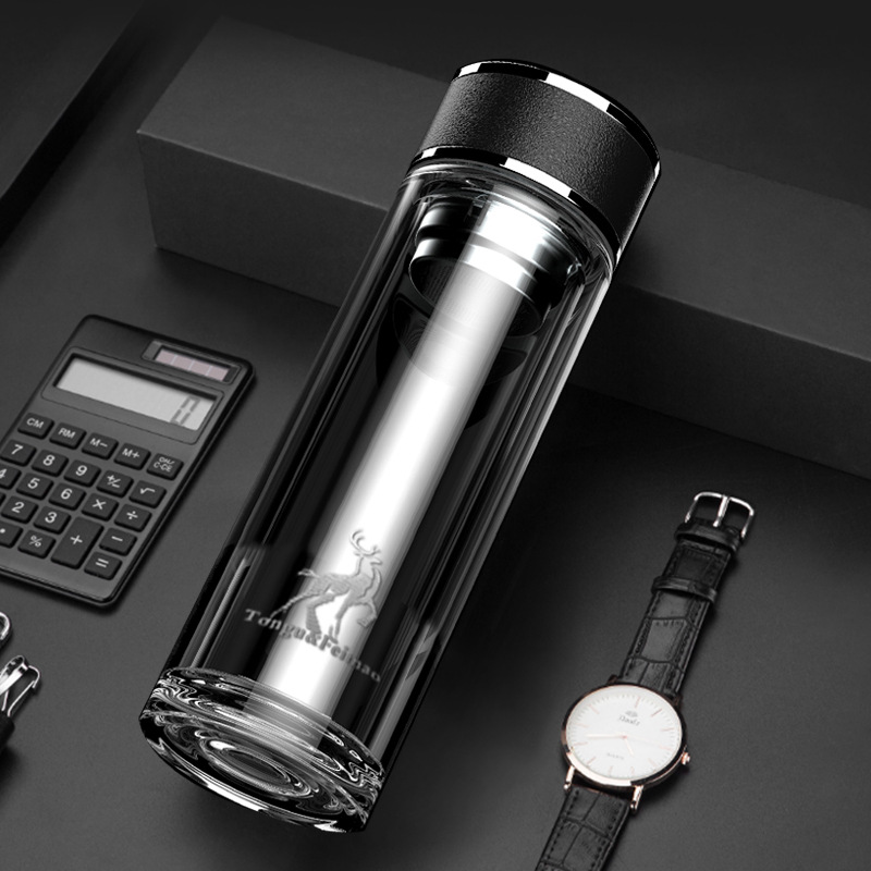 同优双层玻璃杯泡茶杯男女商务家用过滤带盖高硼硅大容量水杯logo