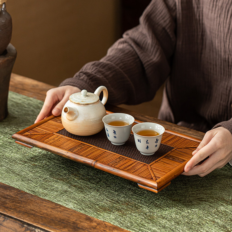 梅鹿竹干泡茶盘凤眼竹日本席面小茶台托盘中式竹制展示台茶具收纳