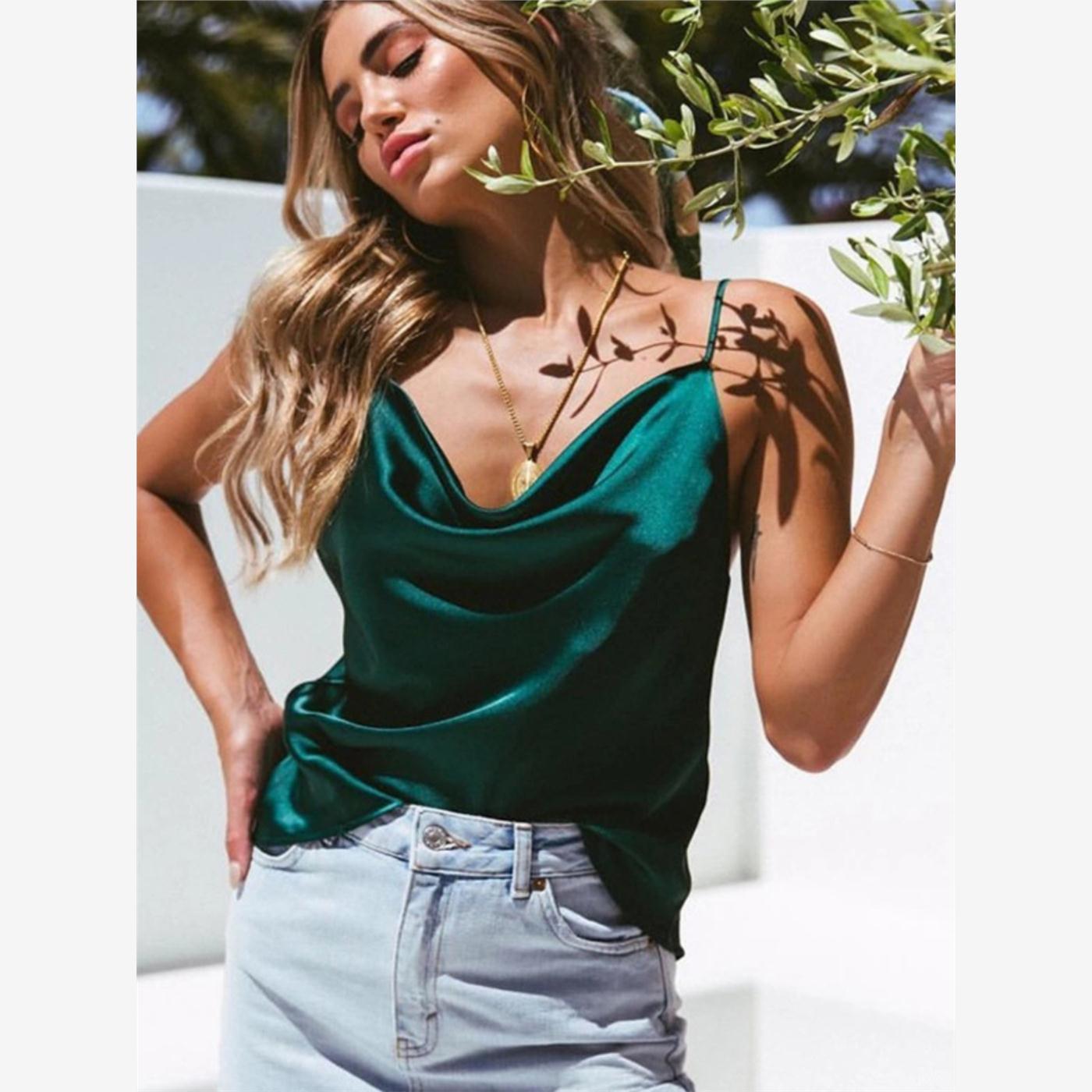 仿真丝绸荡领小吊带背心上衣