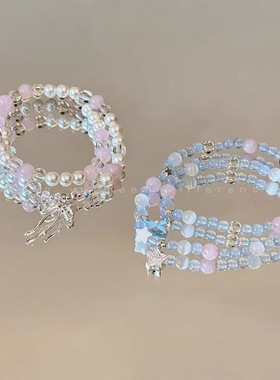 海蓝宝色蝴蝶结串珠手链