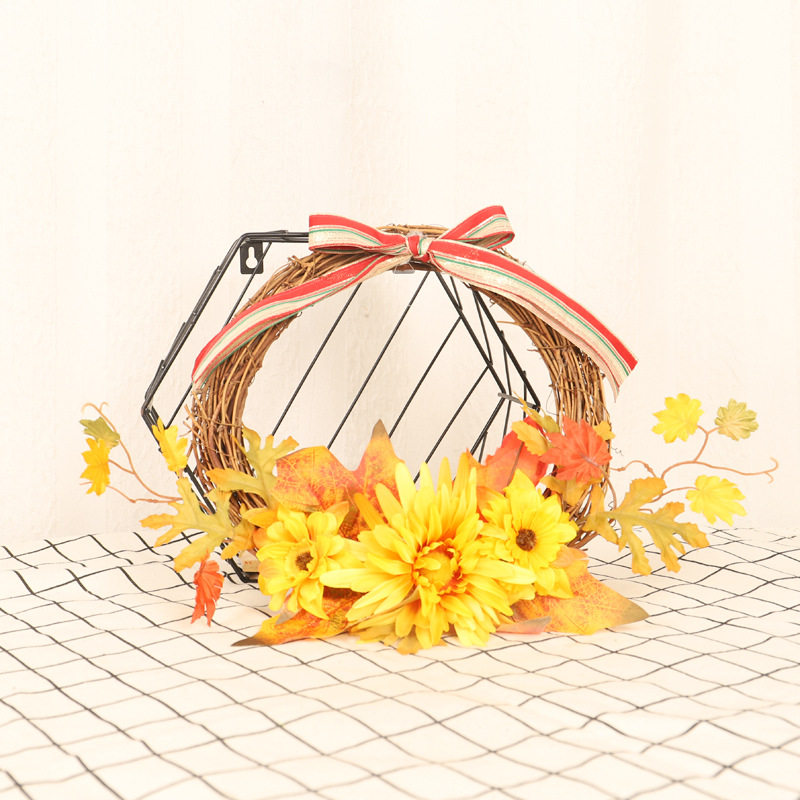 秋色菊花半边蝴蝶结花环门挂 仿真菊花藤圈花圈 感恩节日装饰