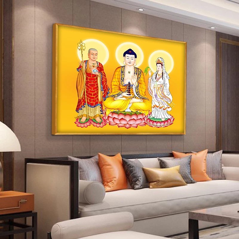 现代轻奢西方f三圣画像供奉佛像挂画阿弥陀佛三尊佛观音菩萨装饰