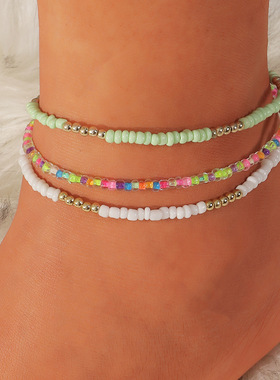 3pcs/set Bohemian Colorful Beaded Beads Anklets For Women Su