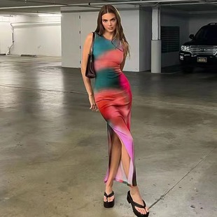 Summer Bodycon Dye Dress Outfits Tie Women Sexy Maxi Elegant