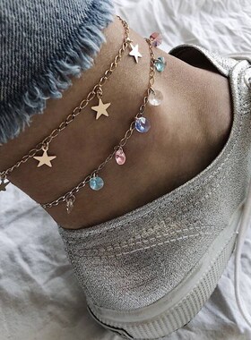 Female colored diamond 5-pointed star multi-layer anklet set
