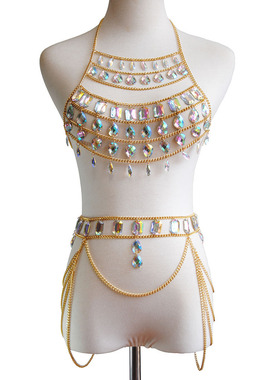欧美跨境新款配饰 性感拼接文胸链 夜店沙滩宝石身体链腰链套装