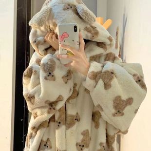 小怪兽苏利文睡袍加厚珊瑚绒长款少女小熊睡衣女冬款网红家居服厚