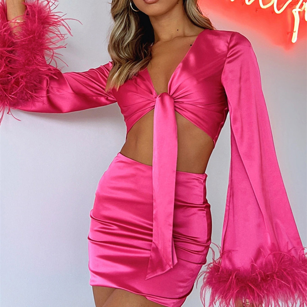 Satin suit feather stitching V-neck sexy strappy short top b