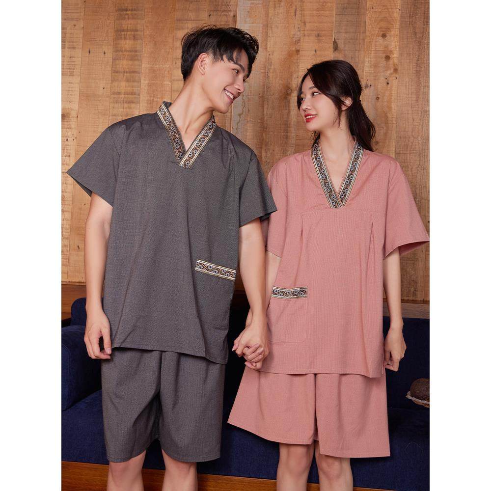 汗蒸服女大码纯棉高档苎麻男加大加肥情侣洗浴中心按摩足疗桑拿服