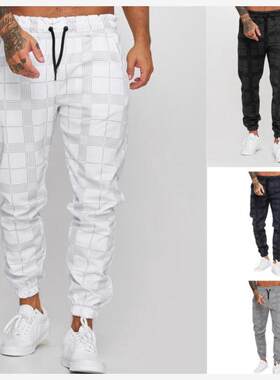 trousers 方格子3D数码印花休闲裤健身小脚裤束脚裤 格子裤男秋季