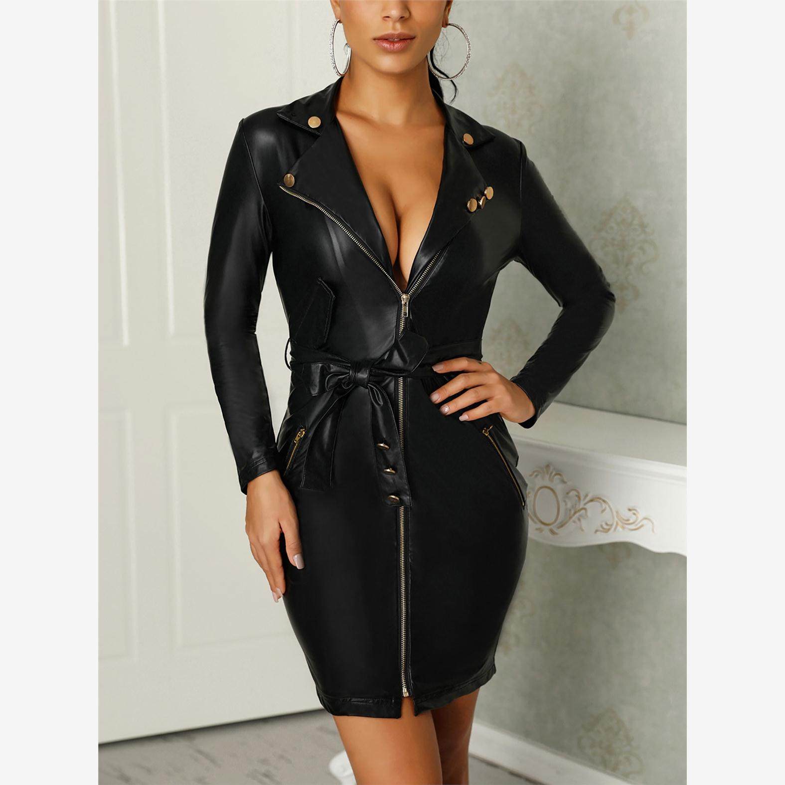 夜店蹦迪欧洲站性感拉链连衣裙pu皮裙子