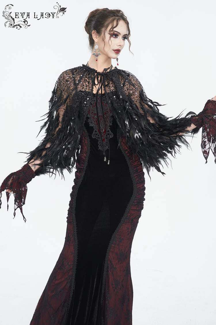 EVA LADY恶魔时尚女装哥特朋克暗黑蕾丝黑色串珠羽毛披肩女ECA017