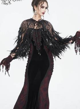 EVA LADY恶魔时尚女装哥特朋克暗黑蕾丝黑色串珠羽毛披肩女ECA017