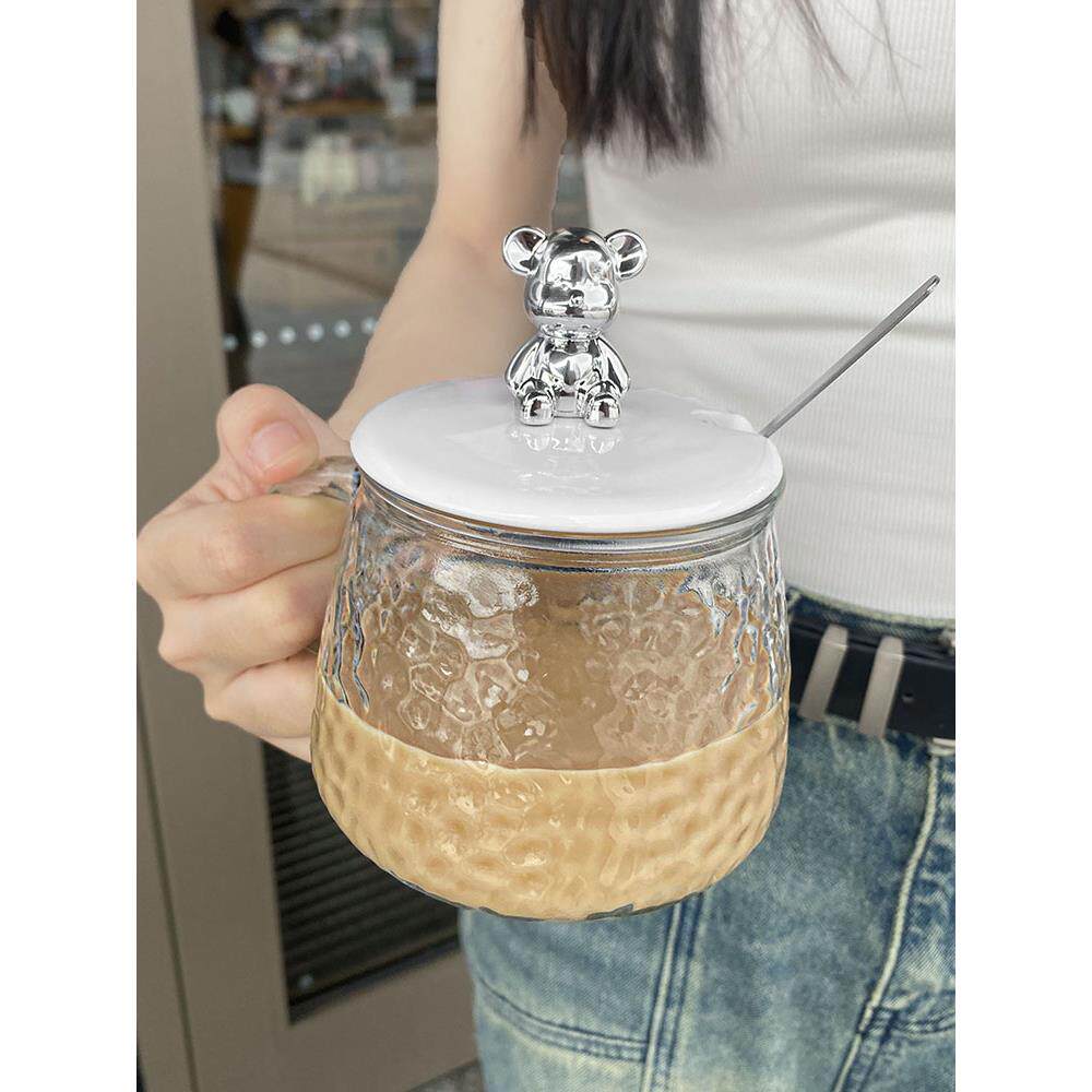 高颜值可爱小熊带盖勺耐热玻璃水杯马克杯女生办公室咖啡杯花茶杯