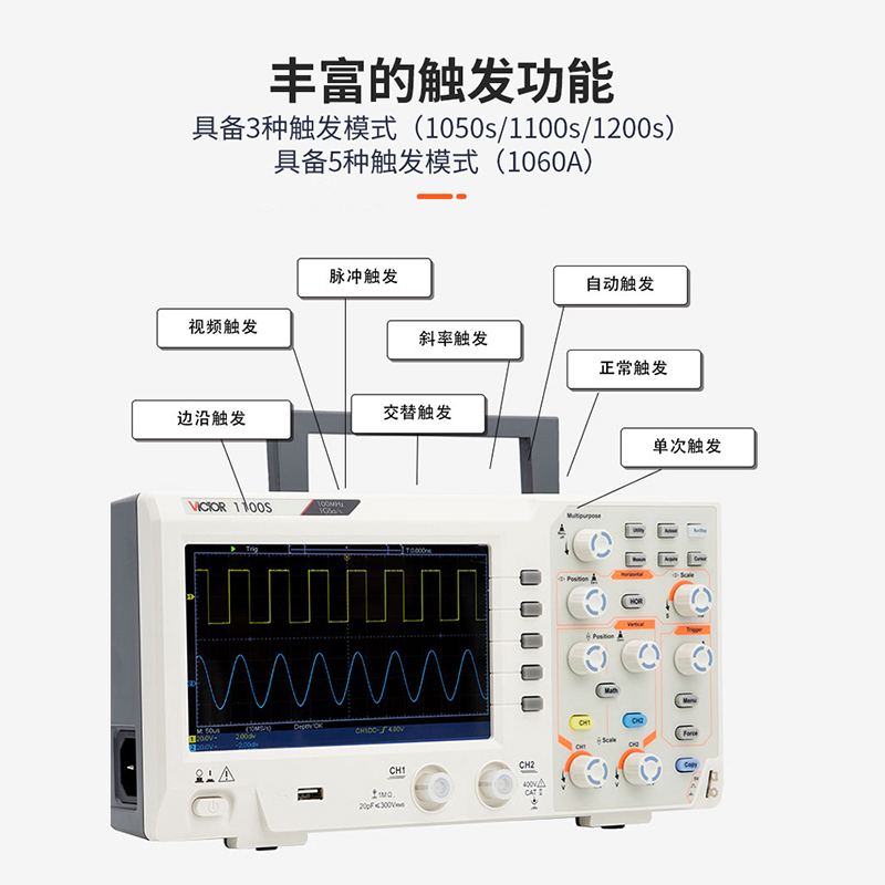 胜利台式数字示波器双通道1GS采样率USB联机200MHZ带宽带存储彩屏
