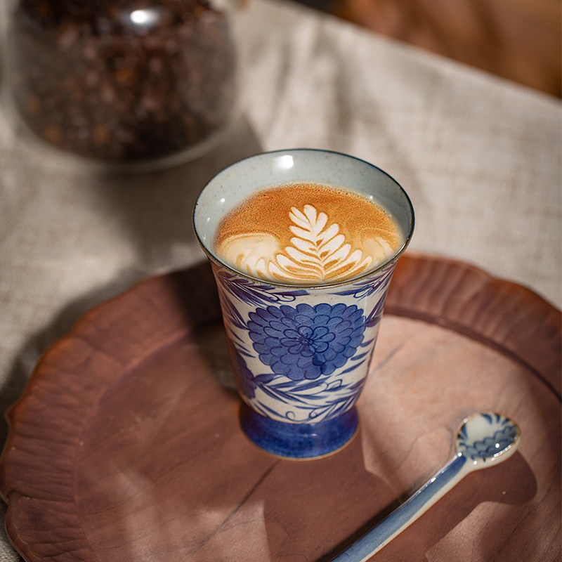 复古粗陶高脚杯咖啡杯景德镇青花陶瓷茶杯装果汁牛奶杯红酒杯手工