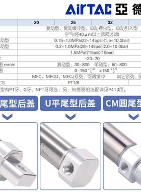 亚德客不锈钢迷你气缸MF20/25/32/40X25X50X75X100X125X150SCA/SU