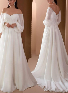 2024 Women's line-neck long white dress白色一字领女士连衣裙