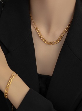 高级小众轻奢拼接链条镀18K金不对称项链手链新款设计简约情人节