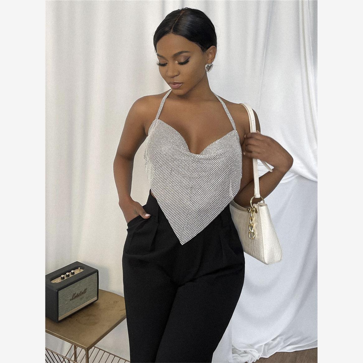 2021欧美夏Ebay性感夜店蹦迪金属亮钻链子挂脖拼接水钻背心女1381