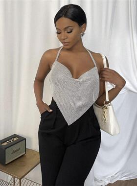 2021欧美夏Ebay性感夜店蹦迪金属亮钻链子挂脖拼接水钻背心女1381