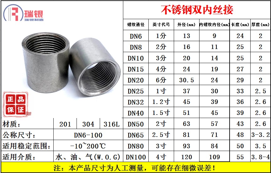316不锈钢双内丝内牙直接头内螺纹直通46分123寸水管钢管无缝焊接