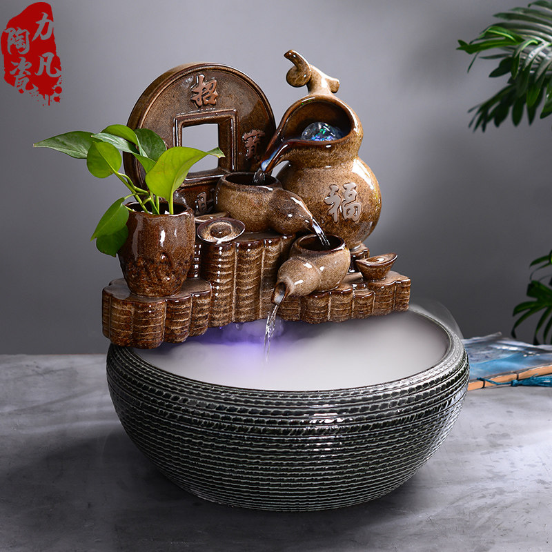 创意葫芦流水喷泉摆件客厅桌面陶瓷家用招财风水轮鱼缸雾化加湿器