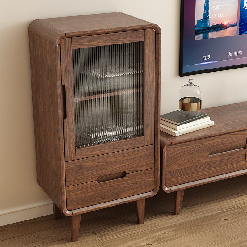全实木电视边柜家用现代简约中式边柜斗柜小户型客厅卧室钢化玻璃