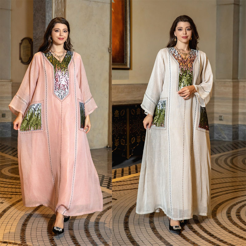 2021印尼中东跨境迪拜珠亮片绣花长袍女装Indonesian long dress