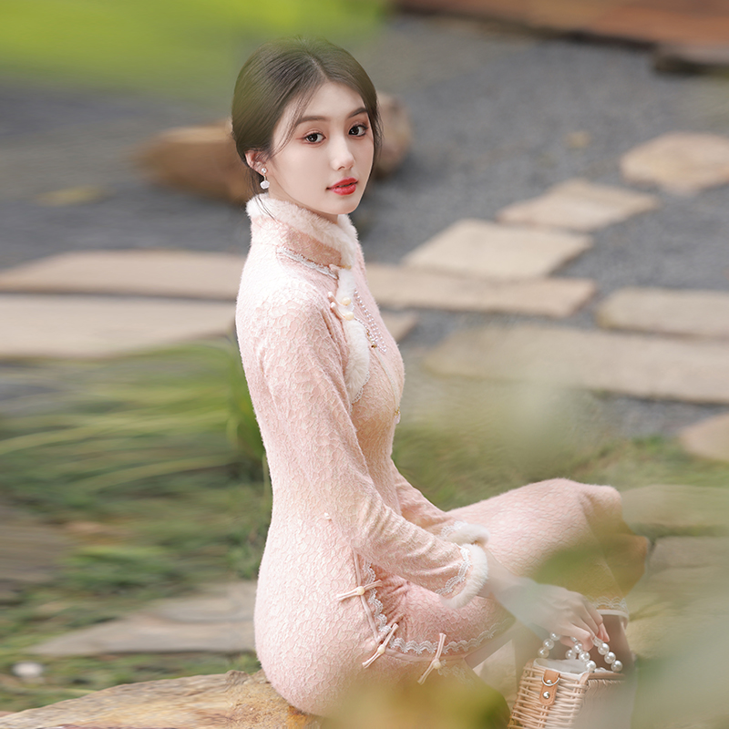 Ocnltiy新中式民风改良长袖旗袍2024春秋新款加绒加厚长款订婚服