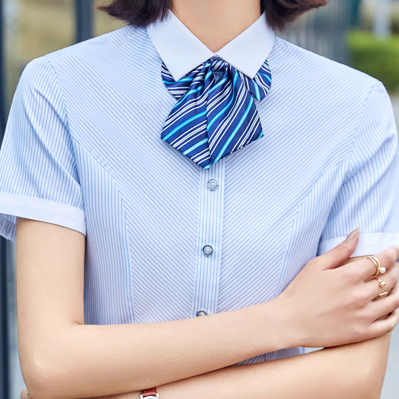 蓝白条纹衬衫女夏工作服移动电信营业厅工装职业短袖衬衣大码