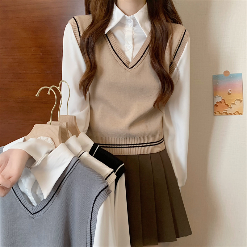 学院风马甲假两件针织女上衣