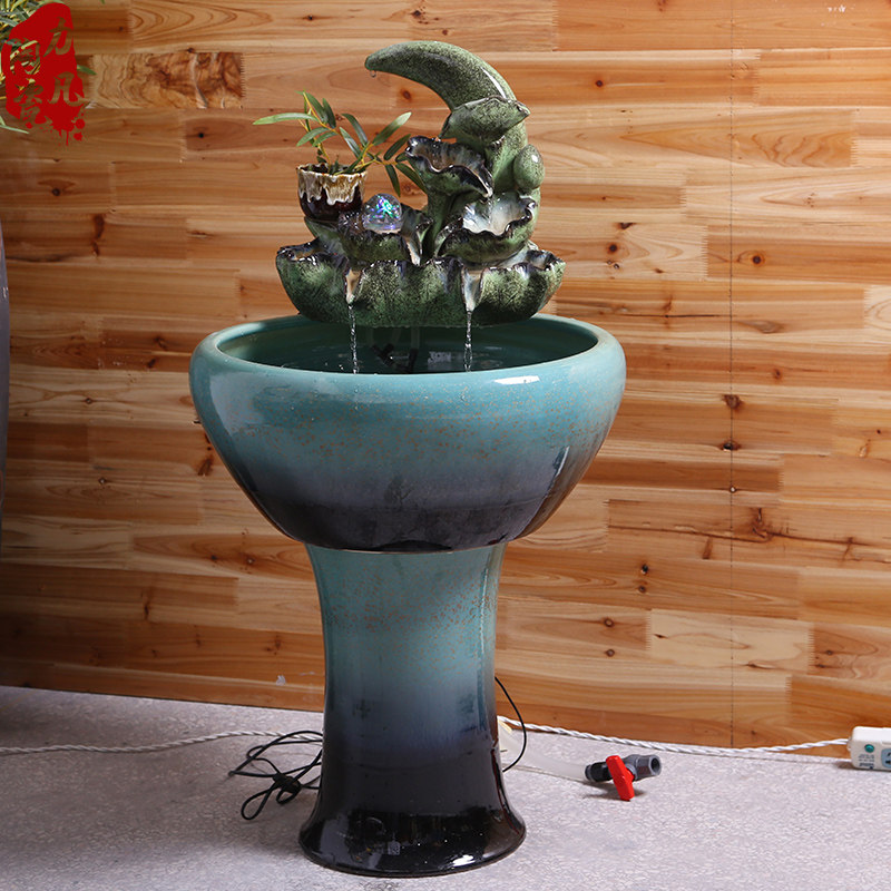景德镇陶瓷落地鱼缸 循环过滤家用流水喷泉风水招财摆件 店铺开业