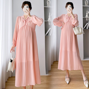 小个子孕妇装春秋款连衣裙150cm矮个子新款宽松百褶长袖裙子减龄6