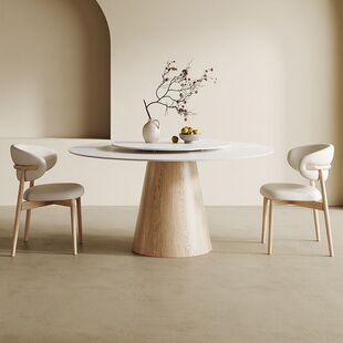 北欧实木岩板圆餐桌纯白带转盘现代简约家用饭桌原木色奶油风圆桌