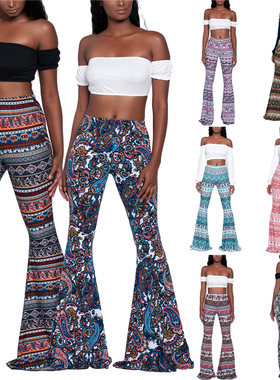 High waisted printed micro flared pants 休闲高腰印花微喇裤女