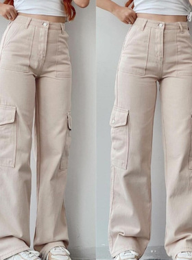 Straight Leg Cargo Pants Women HighWaist Baggy Trousers Lady