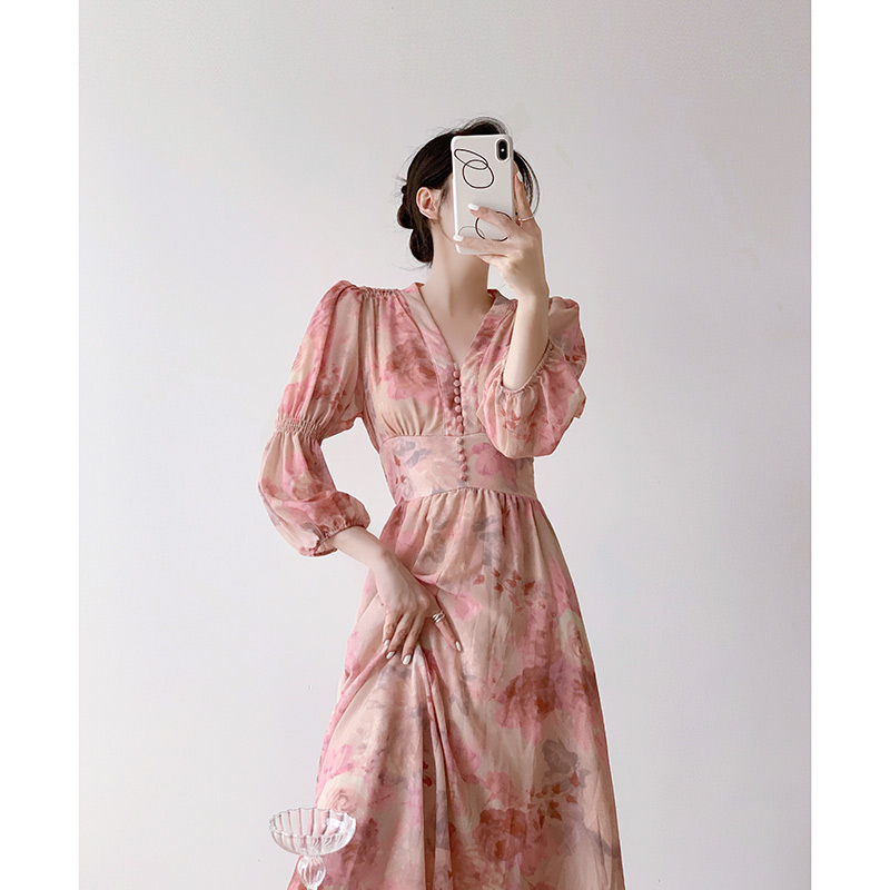 法式温柔长袖碎花连衣裙