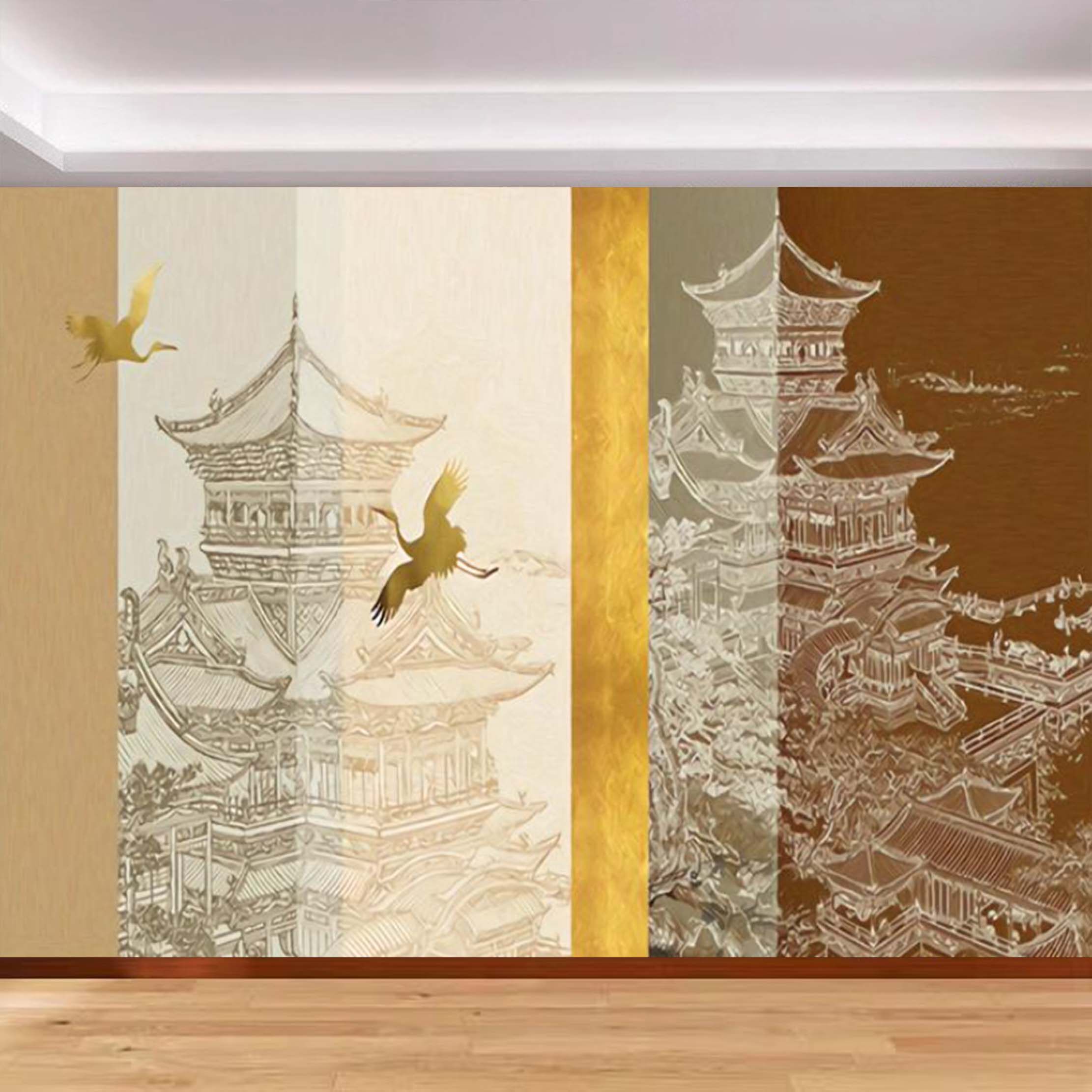 中式线描古建筑楼阁宫殿茶室背景墙壁纸客厅卧室墙布书房茶室壁画