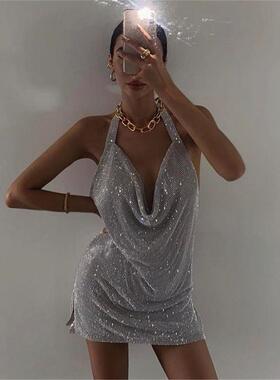 2021欧美wish性感夜店蹦迪深V露闪钻背吊带连衣裙水钻长裙女1401