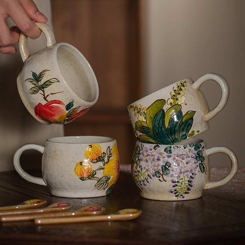 景德镇釉下彩马克杯中式复古手绘向日葵水蜜桃陶瓷水杯家用咖啡杯