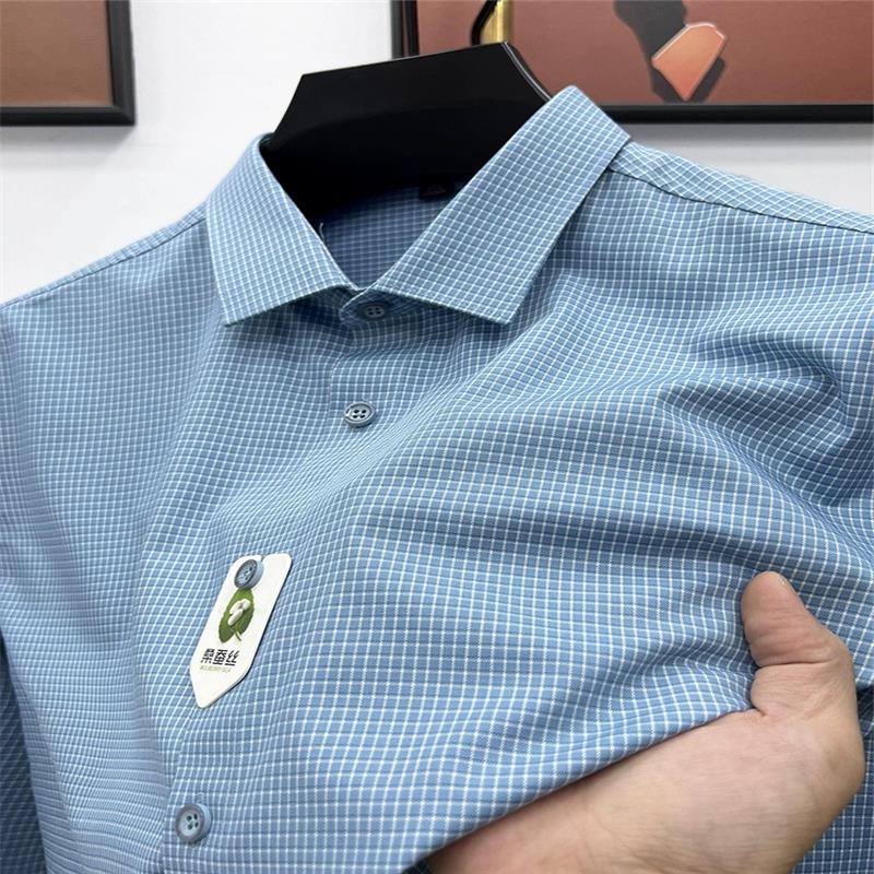 黄金配比!甄选桑蚕丝!男士格子长袖衬衫商务休闲免烫抗皱衬衣