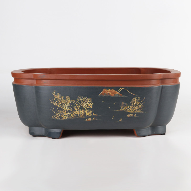 蔓木人紫砂宜兴紫砂花盆海棠型盆景盆大桌面手工刻绘精品地面梅桩