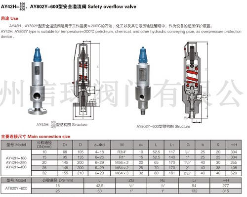 AY42H-150/250/400 AY802Y-600型安全溢流阀石油液压化工设备专用