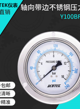 ACUTEK轴向带边304不锈钢压力表Y100BF-ZT 16bar G1/2 蒸汽表