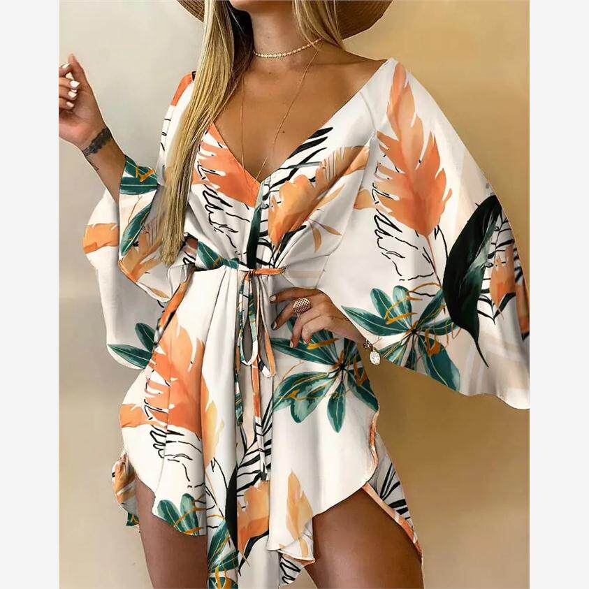 印花抽绳v领连衣裙 Floral Print V-Neck Batwing Sleeve Dress