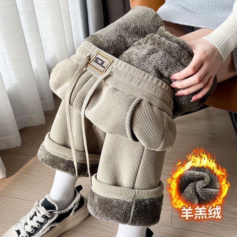 超厚加绒薄款牛仔阔腿女秋冬