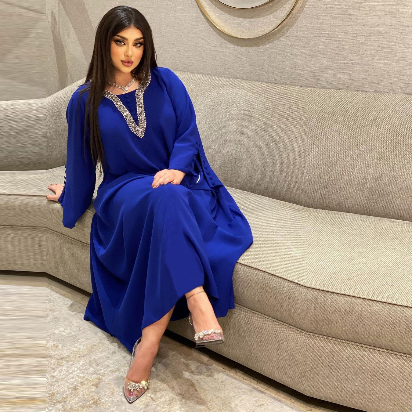 跨境亚马逊印尼中东热销女时尚大码手工钉珠烫钻超长连衣裙dress