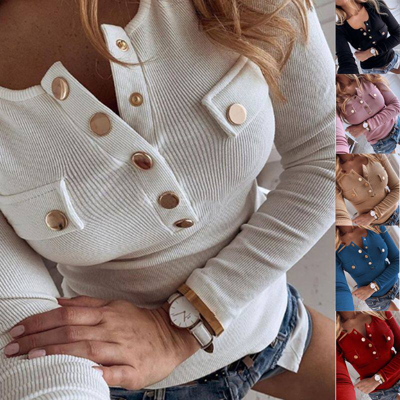 2021 fashion solid color buttoned long-sleeved T-shirt women